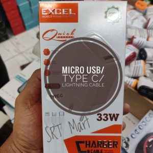 Excel E130 High Quality 33W Ultra-Fast charger Quick Charging with Micro USB / Type C / Lightning Data cable