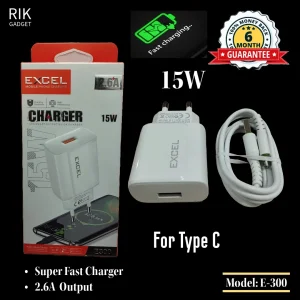Excel E-300 15W Type C Ultra-Fast Charger All Mobile Phone Supported